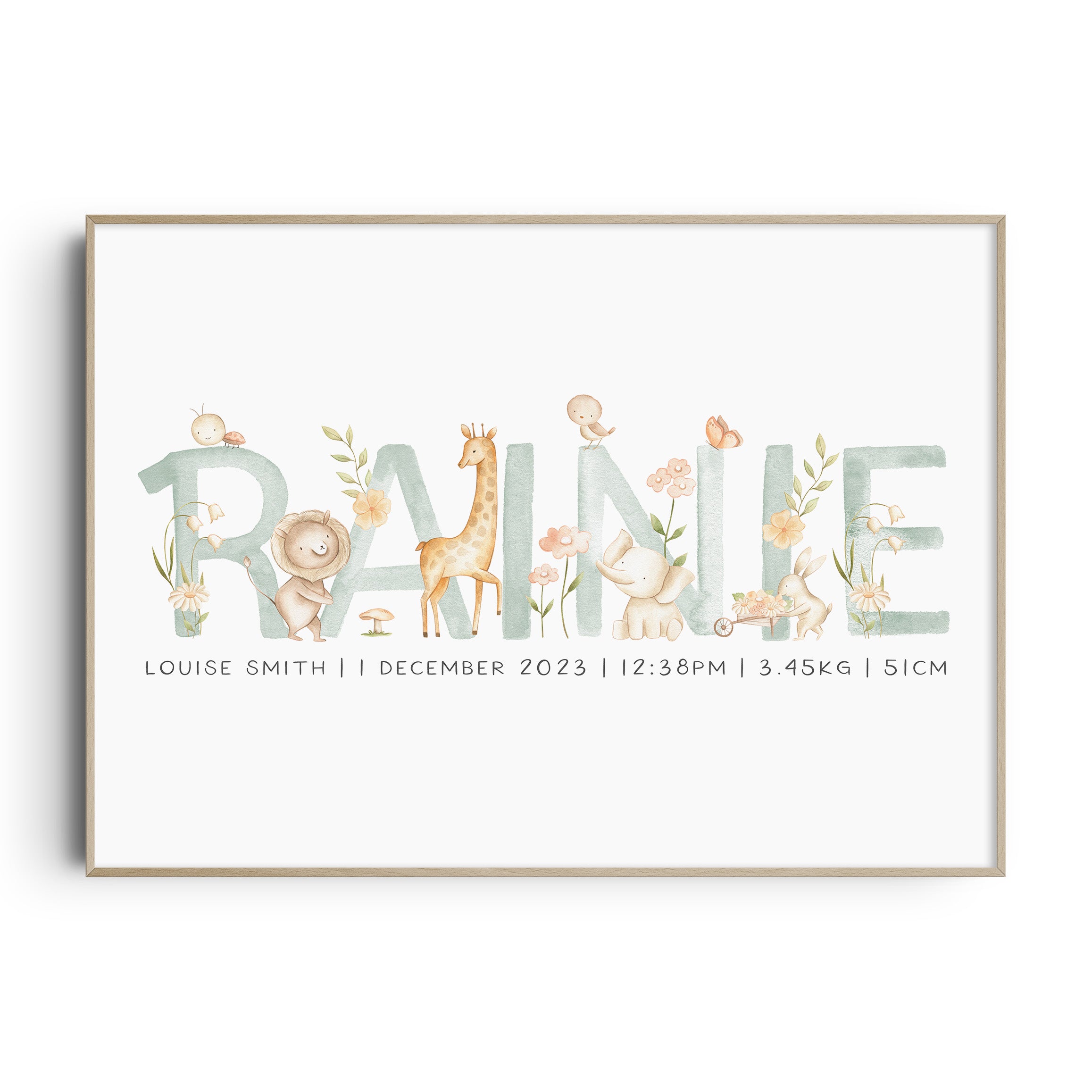 Safari Animal Wall Art | Personalised Name & Birth Print | Girls ...