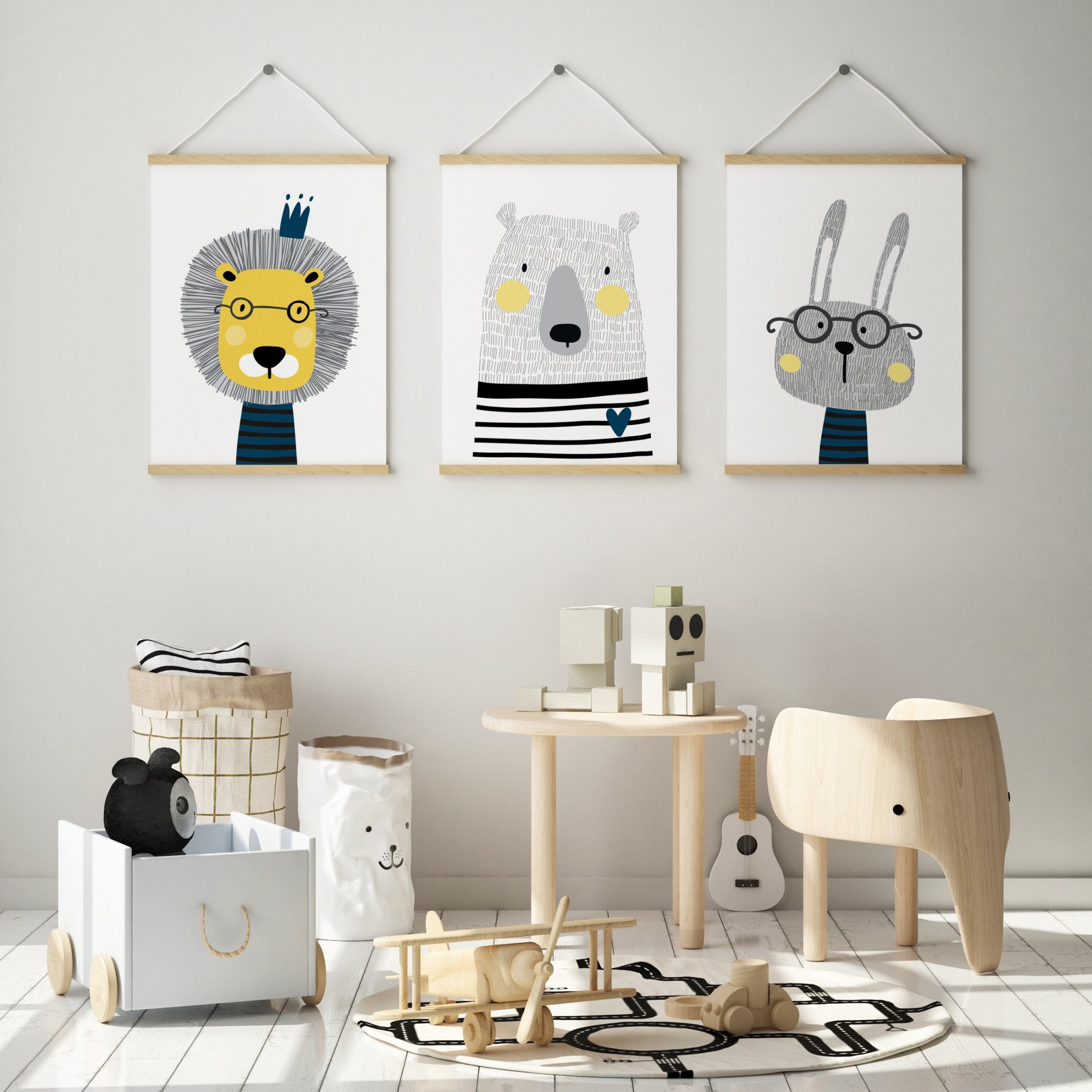 Scandi Animal Nursery Wall Art Print Set | Bunny, Bear & Lion Print ...